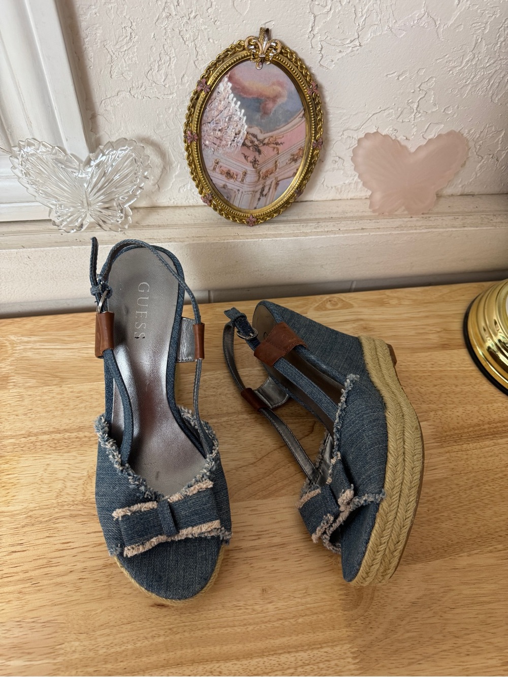 Guess Y2K Denim Bow Wedges Sandals Size 8 | Frayed Jean Espadrille Slingbacks